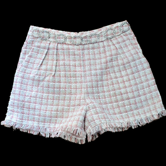 Venus Women’s Pink/White Tweed Rhinestone & Pearl Shorts with fringe Hem, Sz 12 - Picture 1 of 6